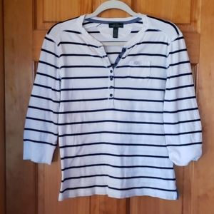 Preppy LRL Lauren Jean CO. 3/4 Sleeve Top, White with blue strips
